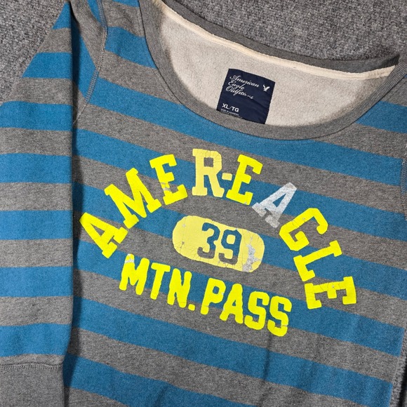 American Eagle Outfitters Tops - American Eagle Outfitters Striped Sweatshirt Blue Gray Yellow Logo‎ XL TG